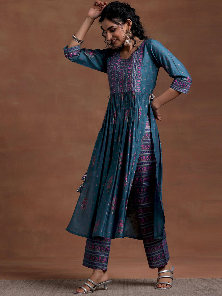 Blue Printed Silk Blend A-Line Kurta With Palazzos & Dupatta - Libas