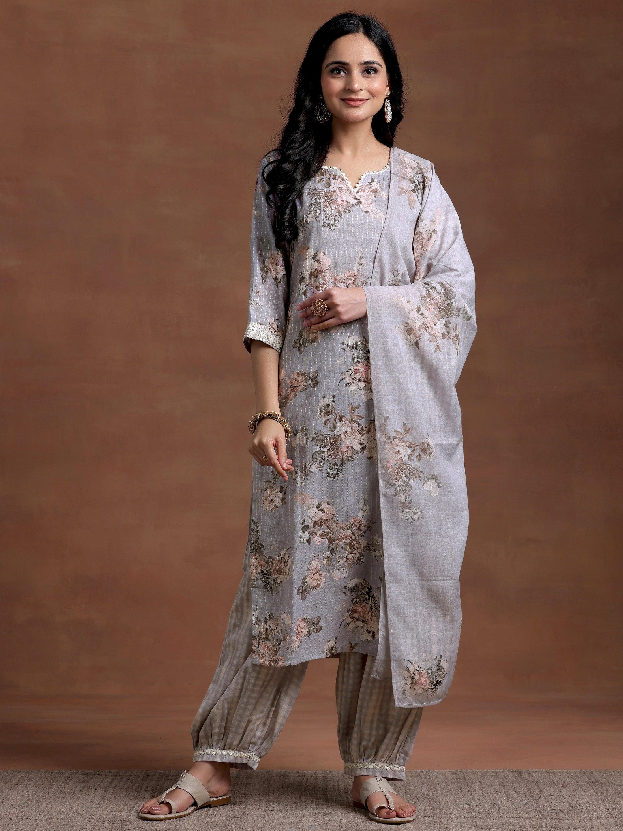Grey Printed Cotton Straight Suit With Dupatta