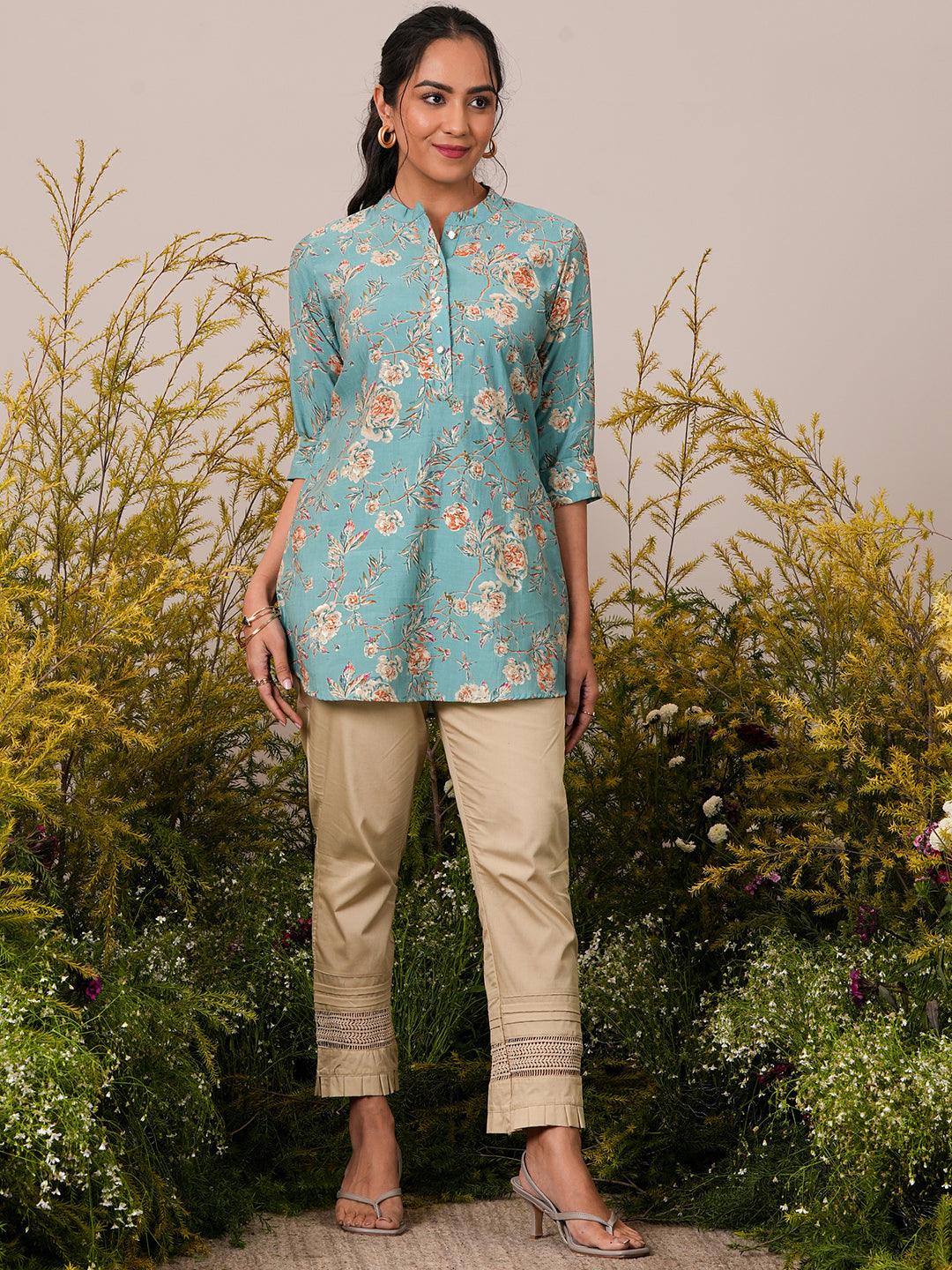 Blue Printed Silk Blend A-Line Kurti - Libas 