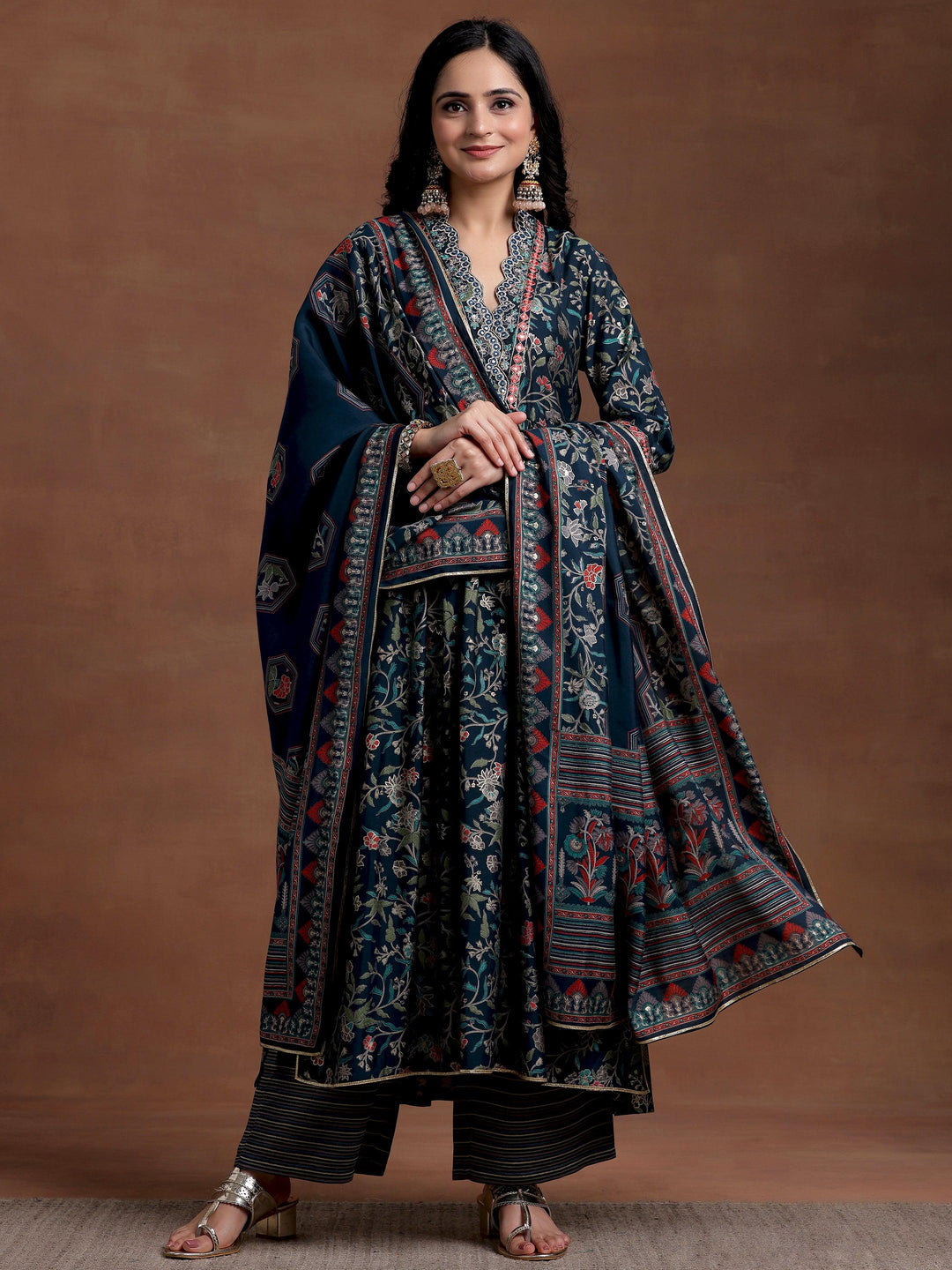 Blue Printed Silk Blend A-Line Kurta With Palazzos & Dupatta - Libas