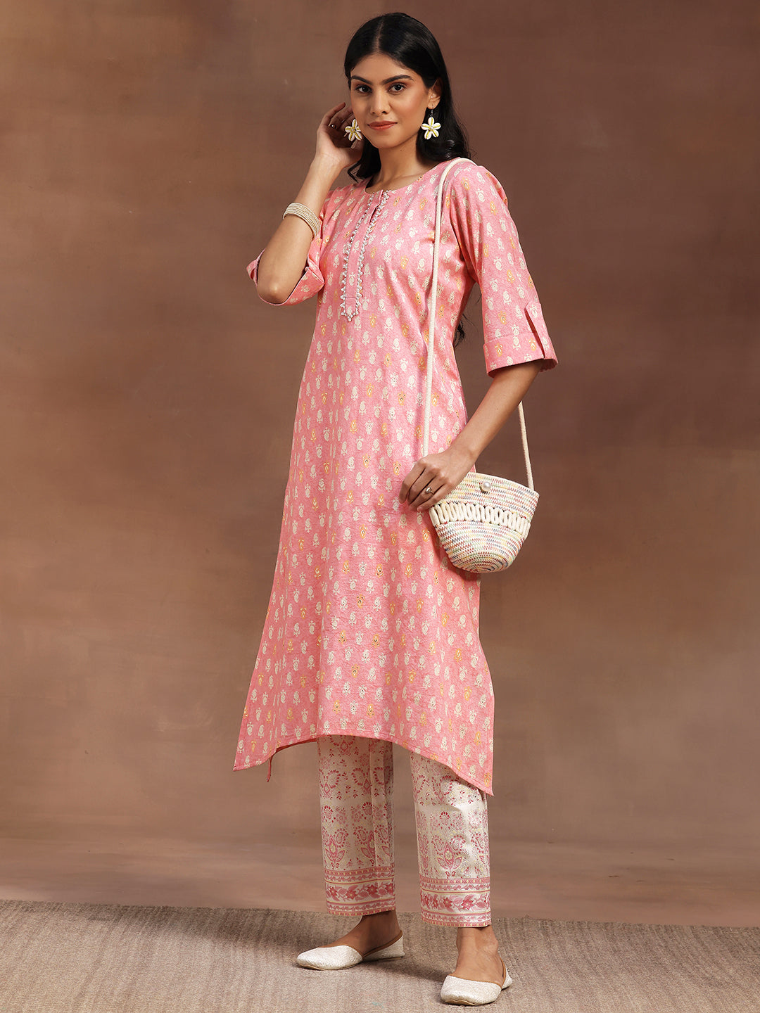  Peach Printed Cotton Blend Straight Kurta With Palazzos 