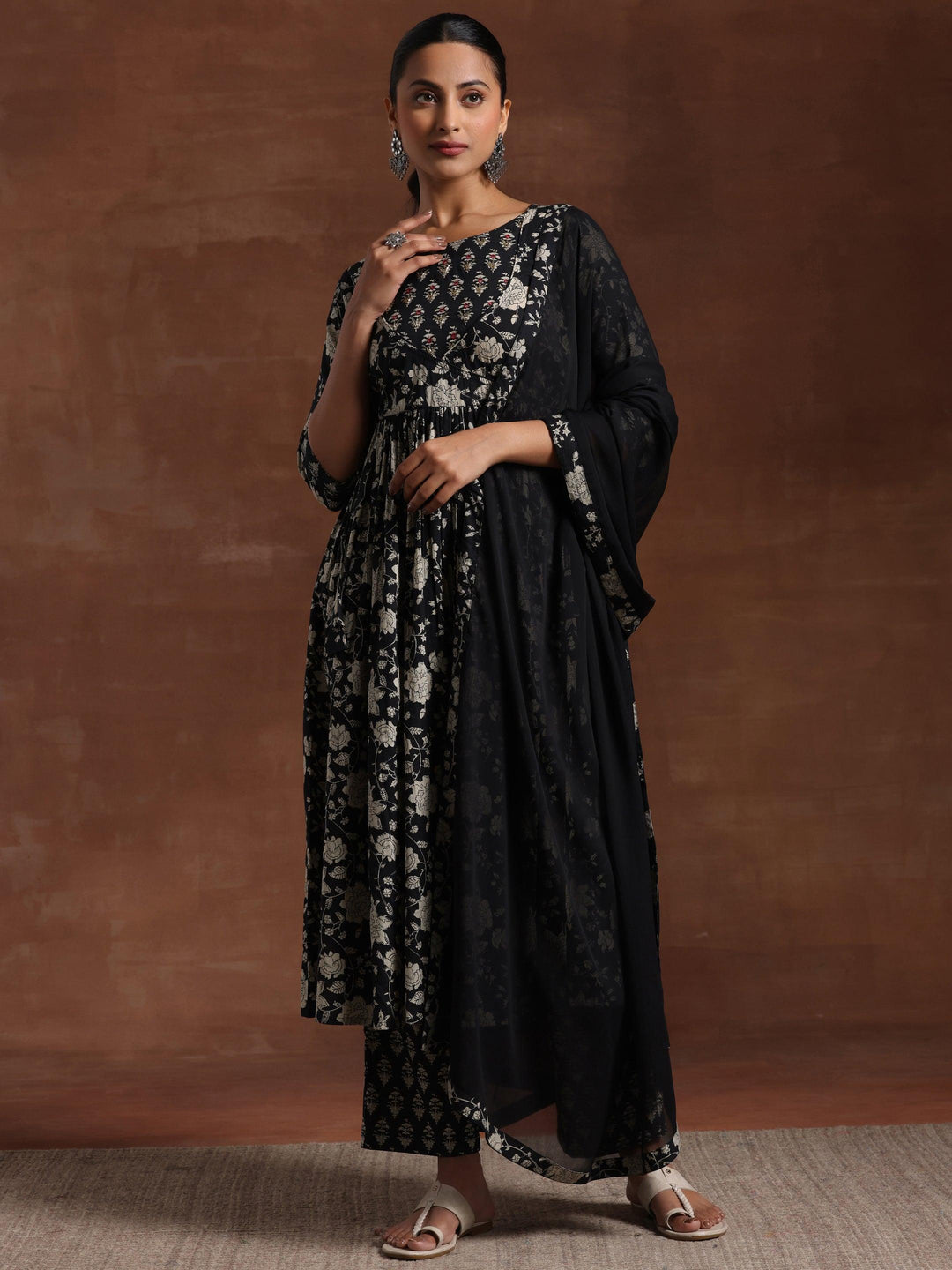 Black Printed Pure Cotton Anarkali Suit With Dupatta - Libas