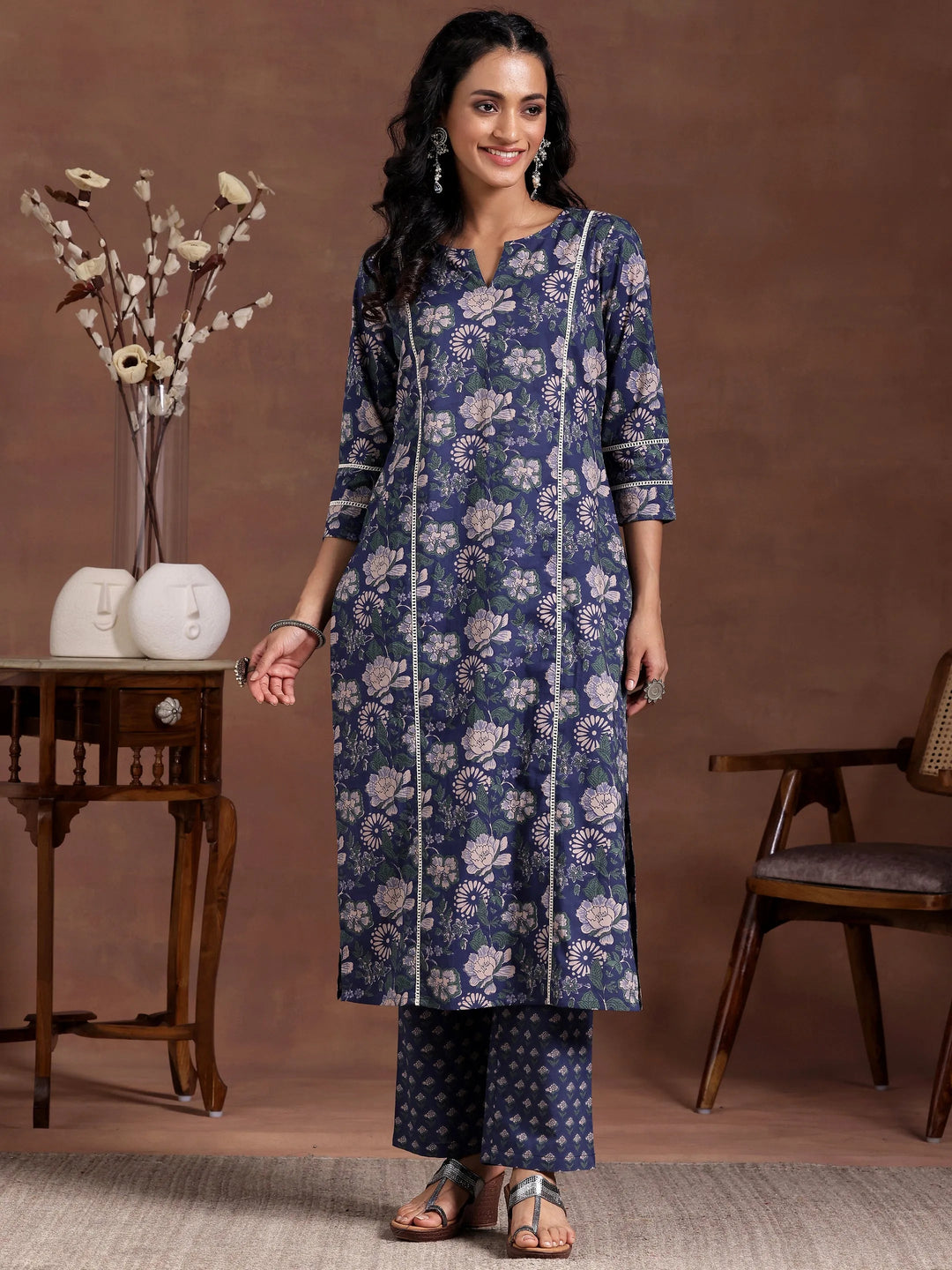  Blue Printed Cotton Straight Kurta Set 