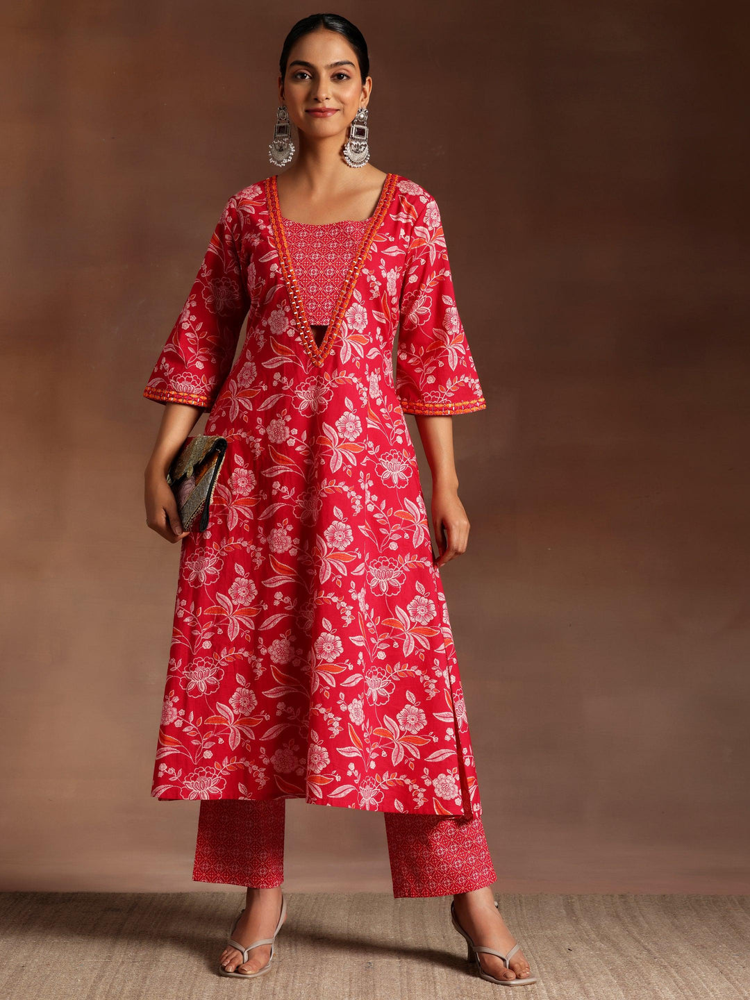 Naghma Pink Printed Cotton A-Line Kurta With Palazzos - Libas 