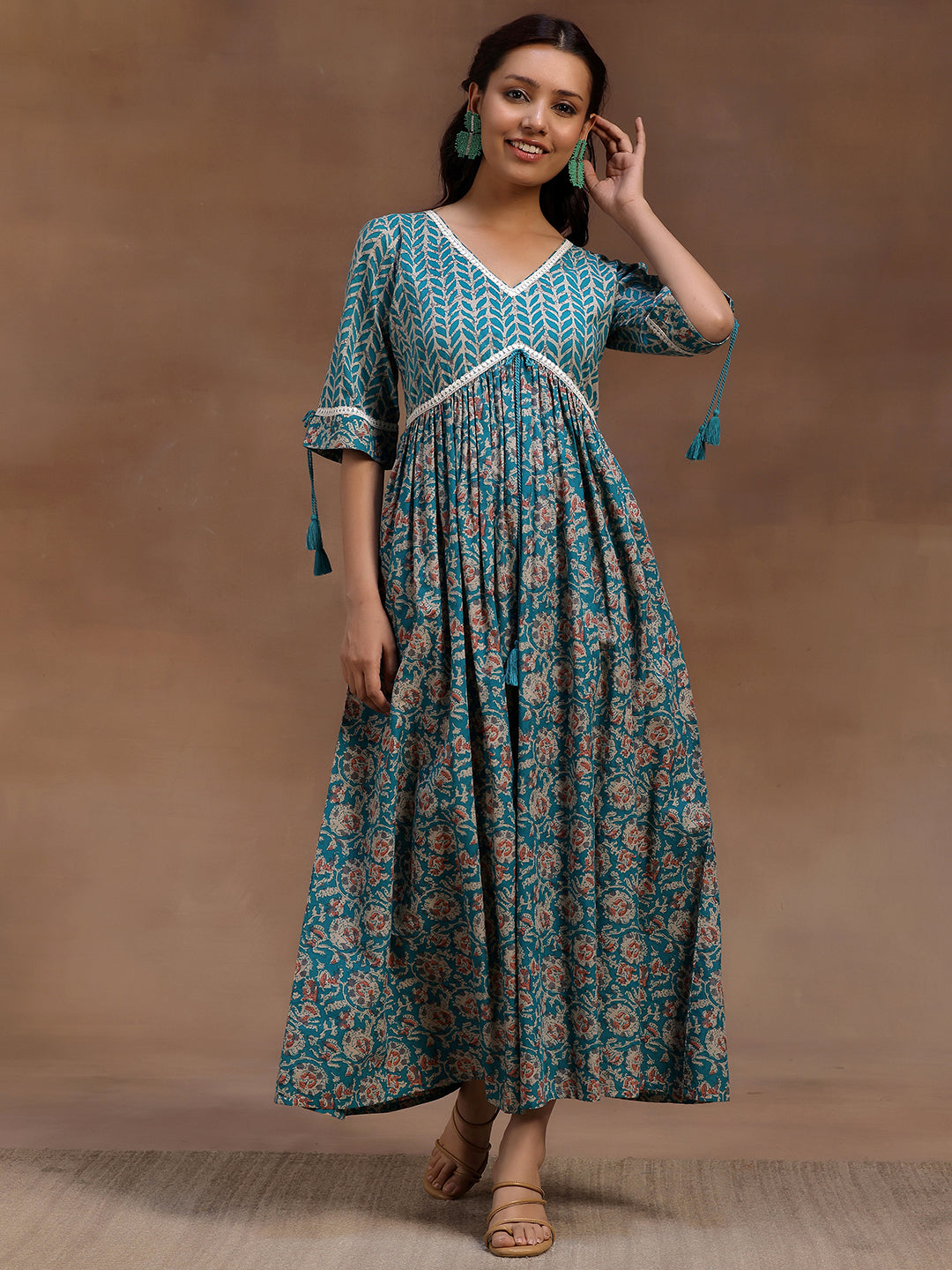  Green Printed Cotton Fit and Flare Dress 