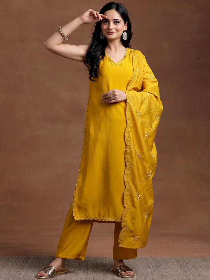 Mustard Solid Silk Blend Straight Suit With Dupatta - Libas