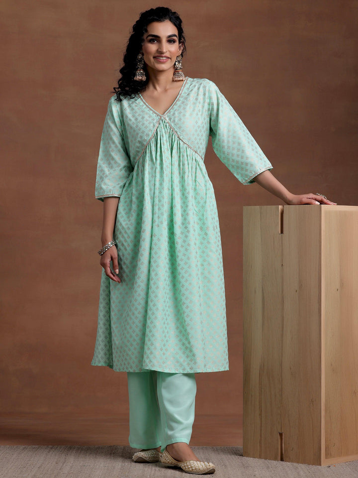 Green Woven Design Silk Blend A-Line Kurta With Trousers - Libas