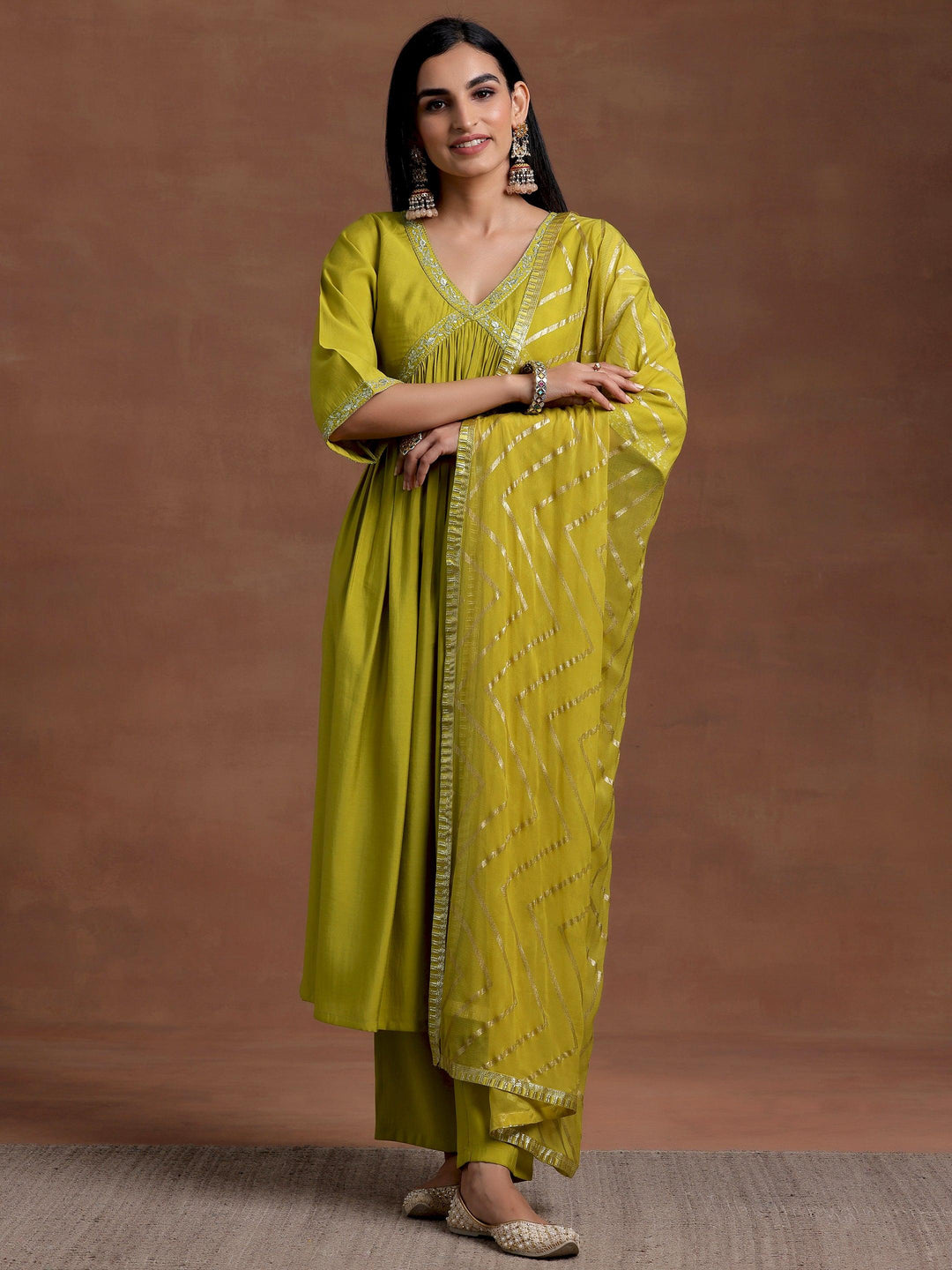 Olive Solid Silk Blend A-Line Kurta With Trousers & Dupatta - Libas