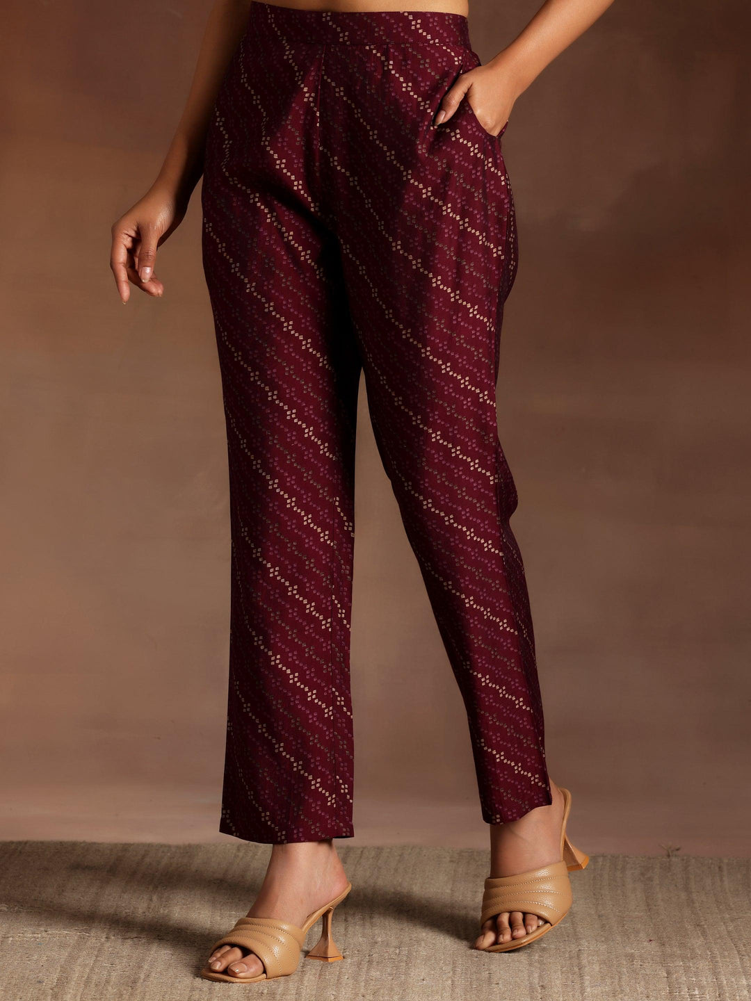 Burgundy Printed Silk Blend Straight Suit With Dupatta - Libas