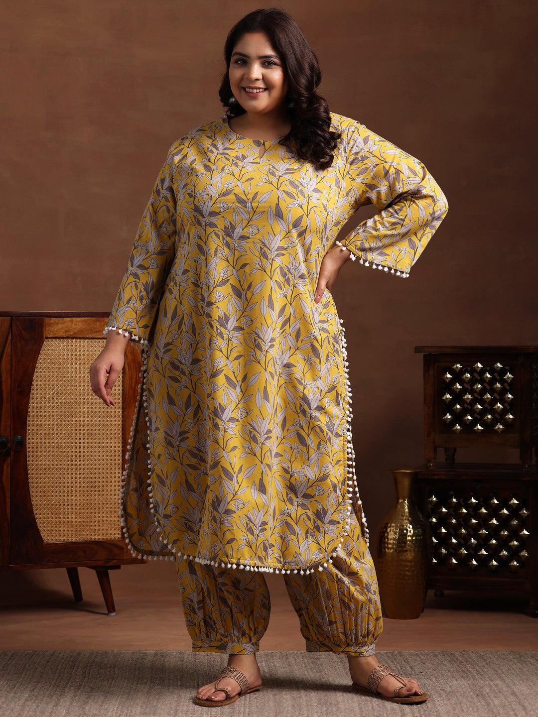 Plus Size Mustard Printed Cotton Pathani Kurta With Salwar - Libas