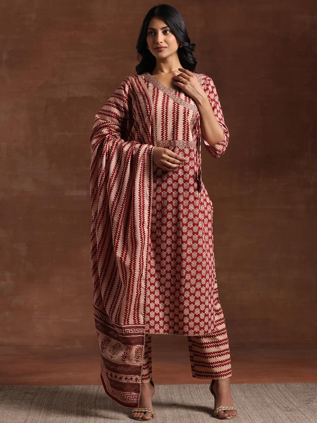 Maroon Printed Cotton Straight Suit With Dupatta - Libas