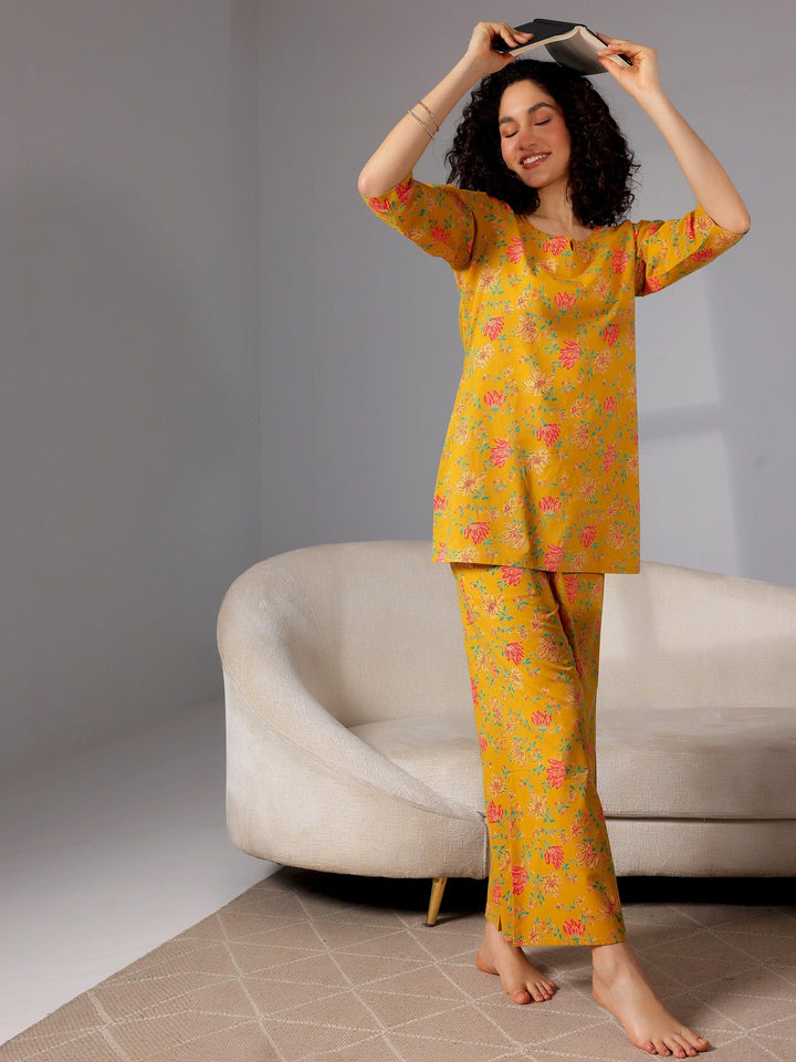 Mustard Printed Cotton Night Suits - Libas