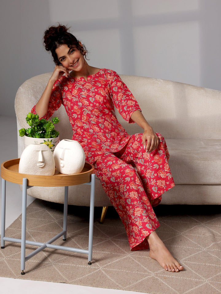 Coral Printed Cotton Night Suits - Libas