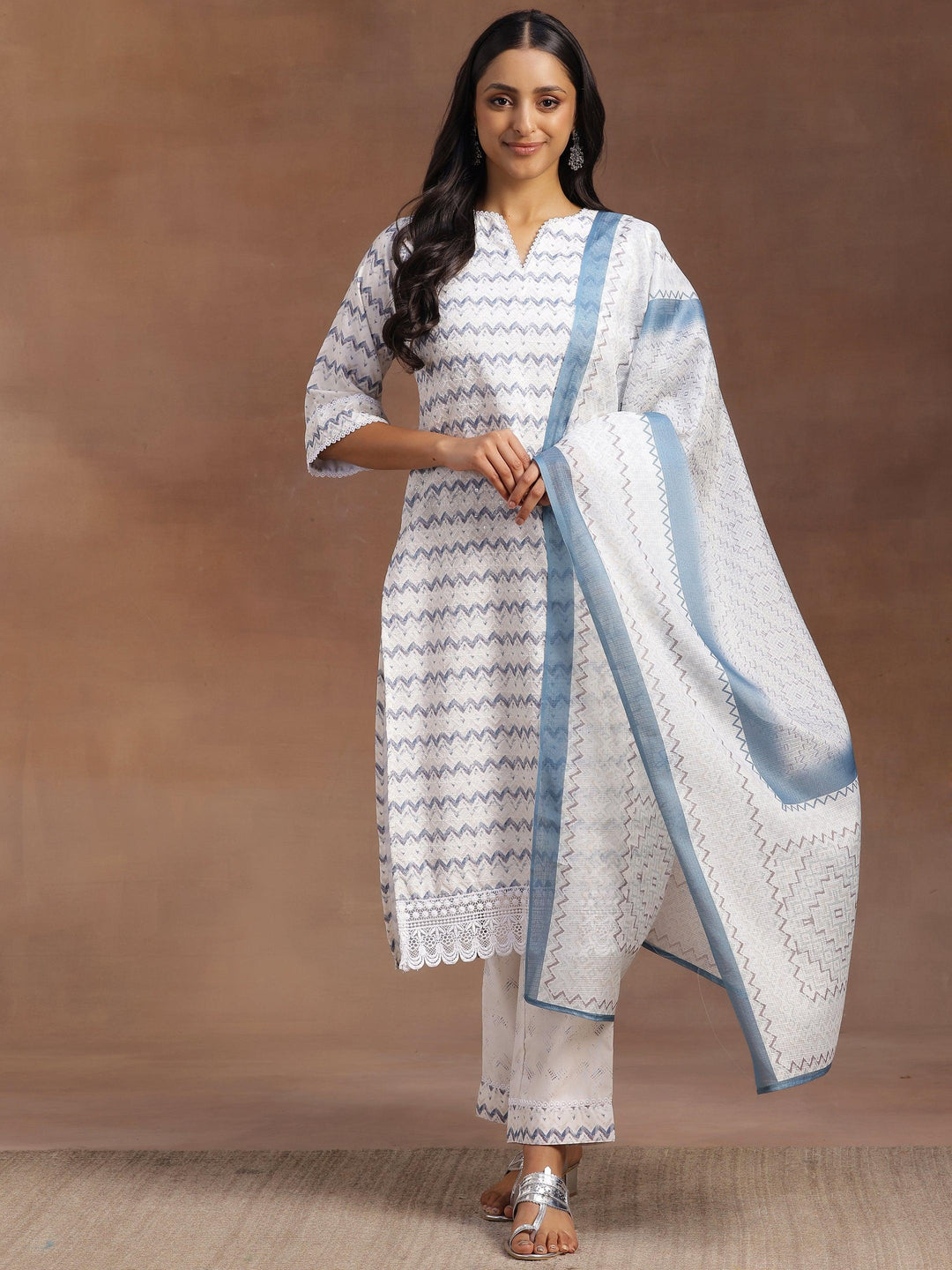 Off White Embroidered Cotton Blend Straight Suit With Dupatta - Libas 