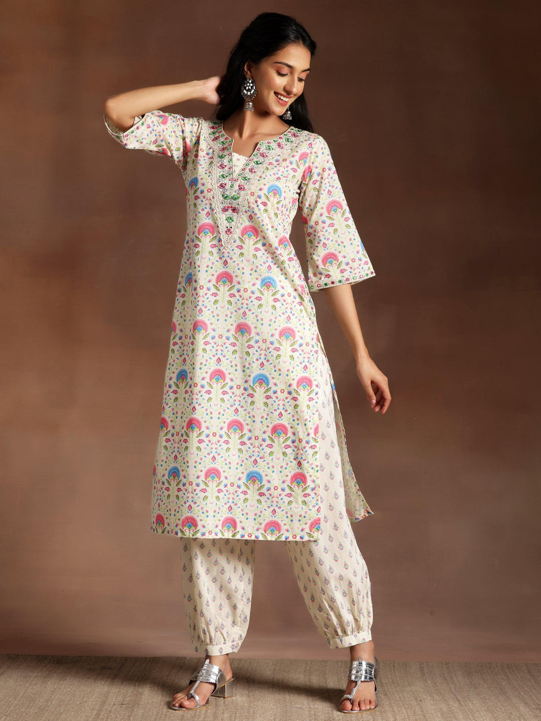 Off White Printed Cotton Straight Kurta Set - Libas 