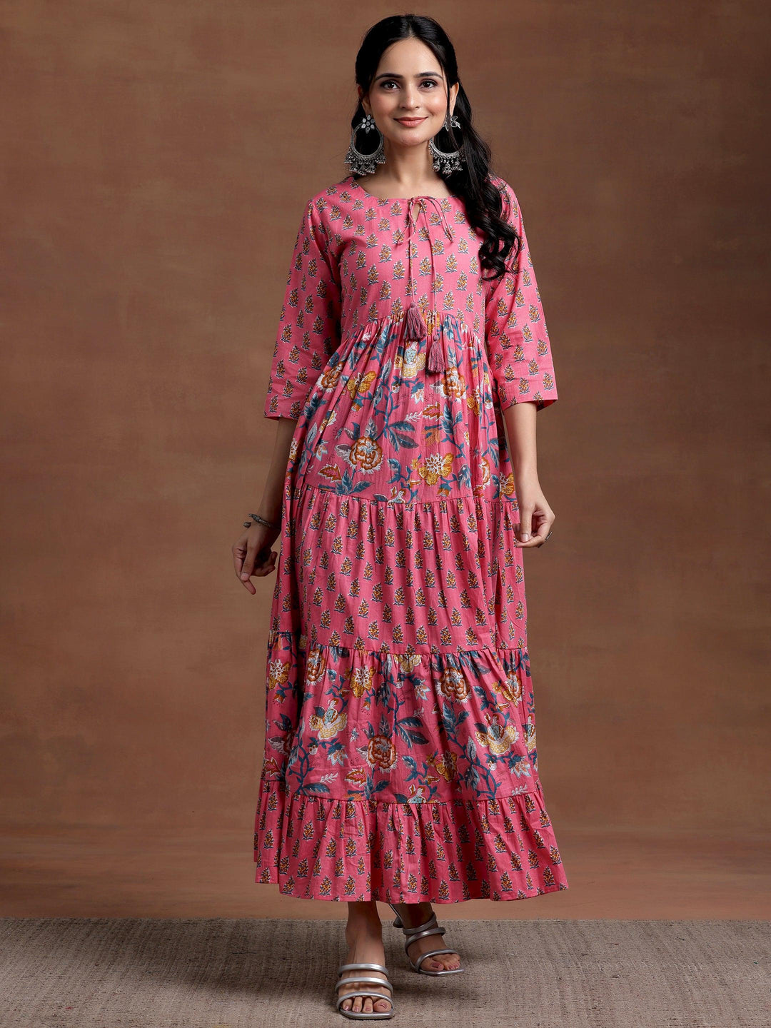 Pink Printed Cotton A-Line Dress - Libas 