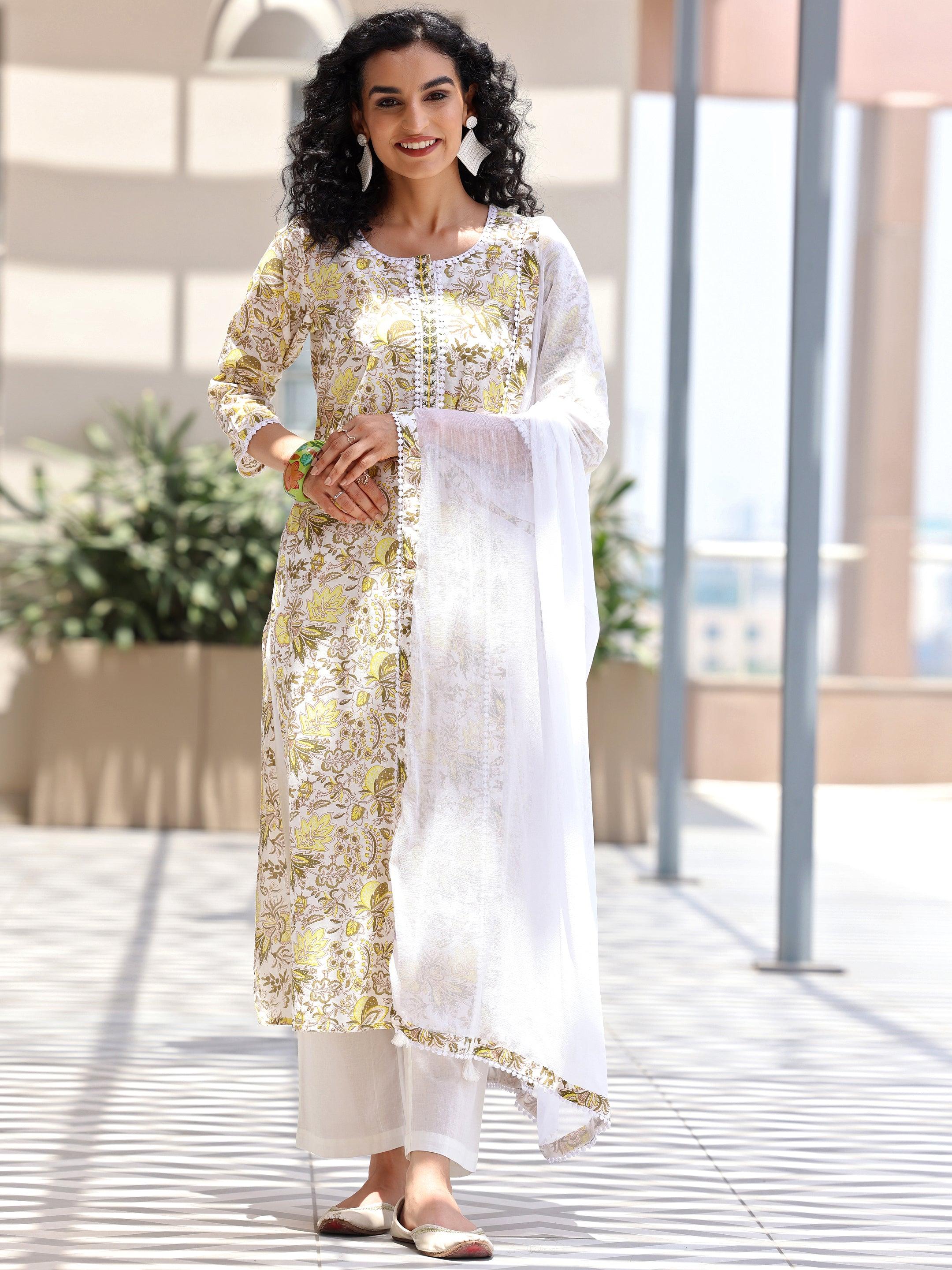 Off white Printed Cotton Straight Suit With Dupatta