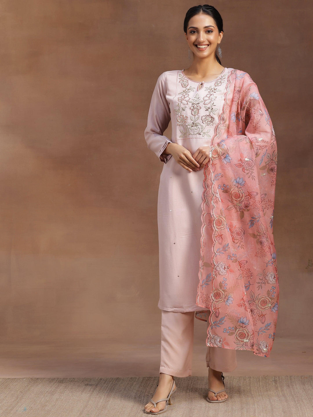 Peach Yoke Design Silk Blend Straight Suit With Dupatta - Libas