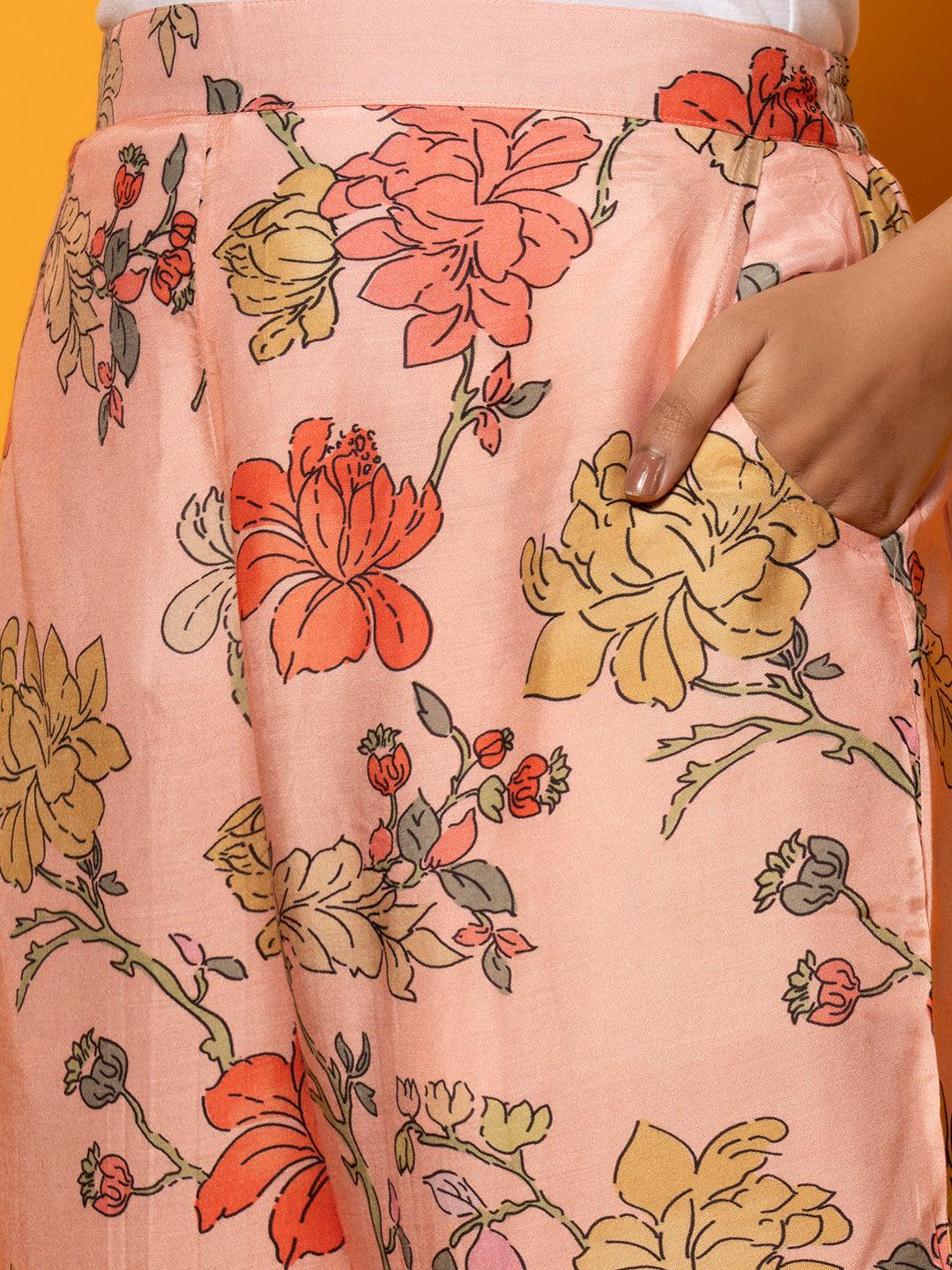 Peach Printed Silk Blend Co-Ords - Libas 