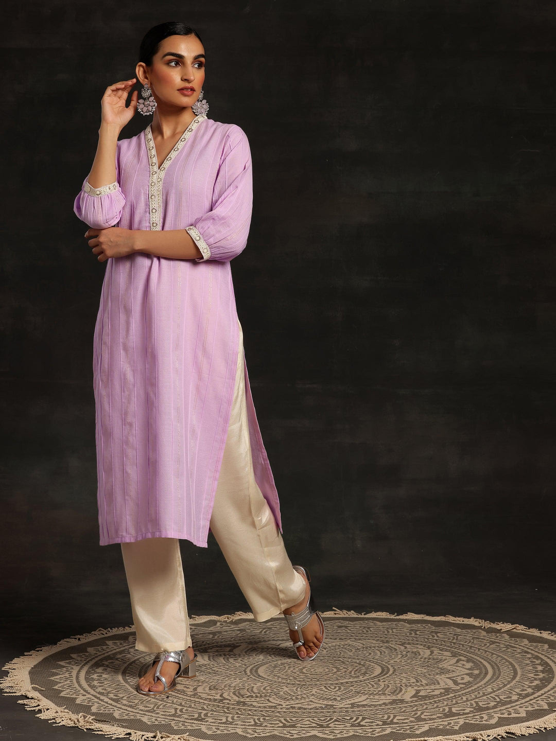 Purple Woven Design Cotton Straight Kurta - Libas 