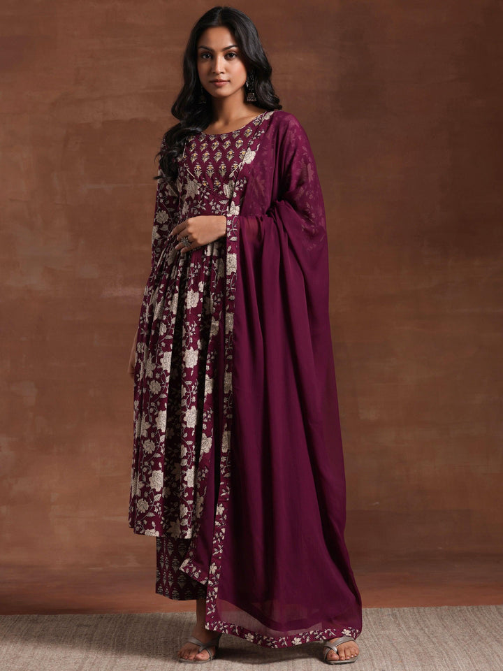 Wine Printed Pure Cotton Anarkali Suit With Dupatta - Libas