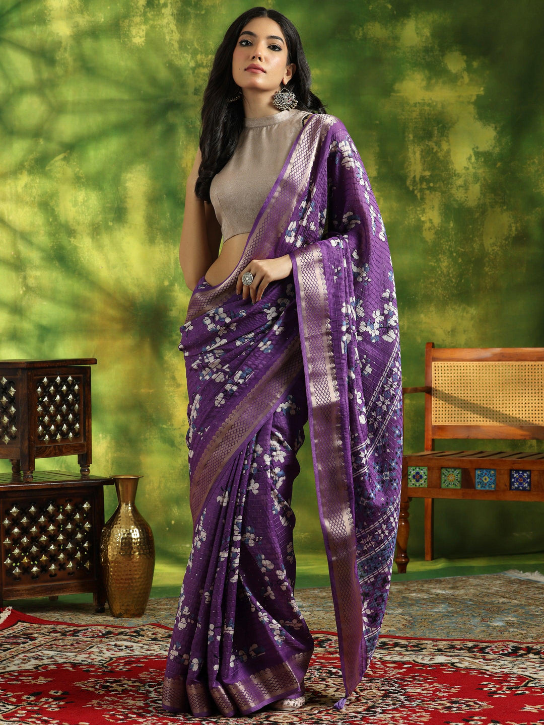 Lavender Printed Silk Blend Saree With Unstitched Blouse Piece - Libas