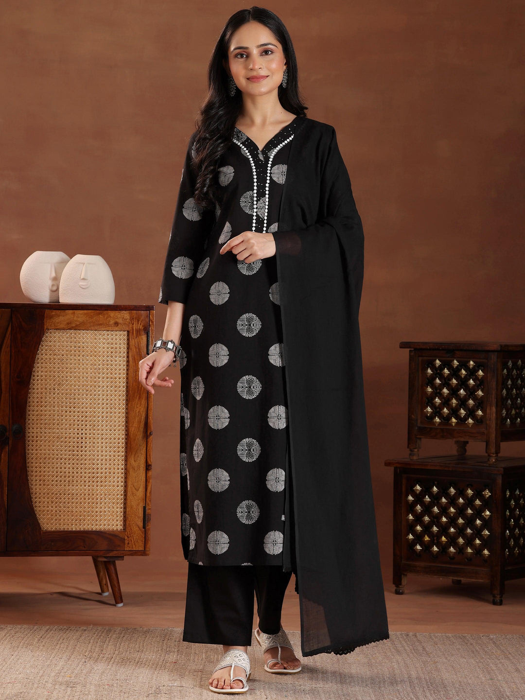 Black Printed Cotton Straight Suit With Dupatta - Libas 