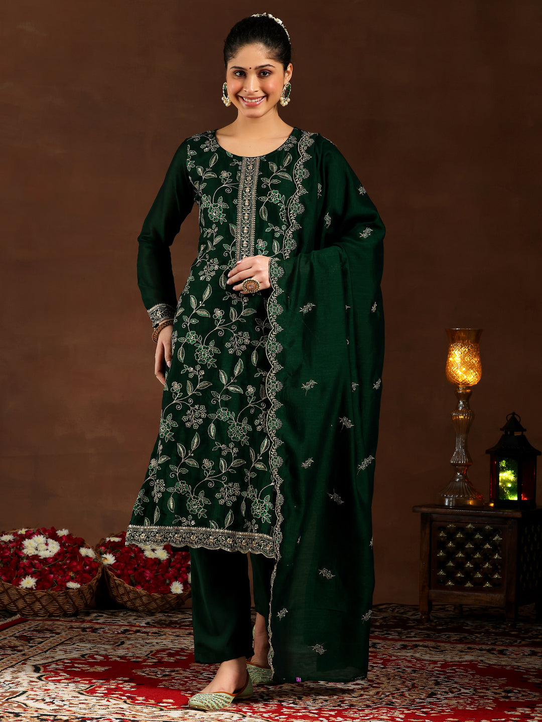  Green Embroidered Silk Blend Straight Suit With Dupatta 