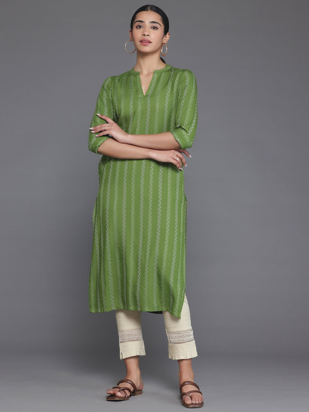 Green Striped Rayon Straight Kurta - Libas 