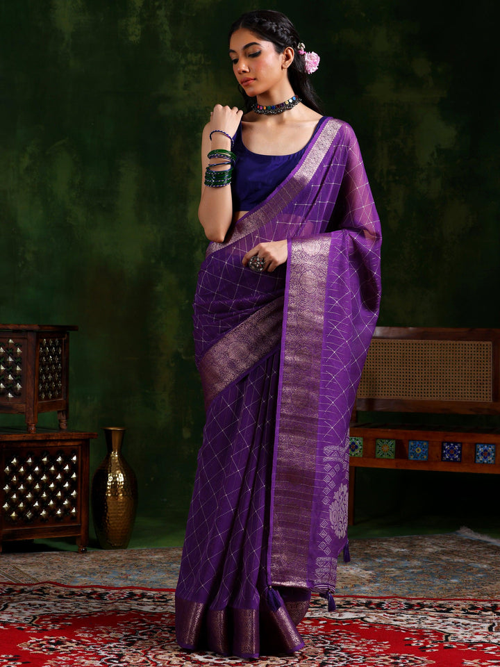 Purple Printed Silk Blend Saree With Unstitched Blouse Piece - Libas