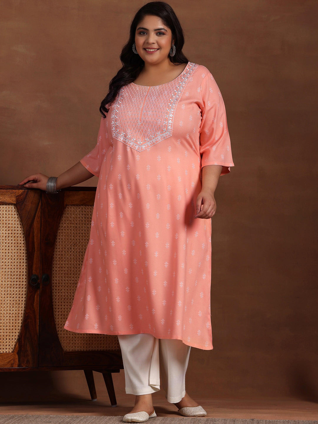 Plus Size Peach Woven Design Rayon Straight Kurta - Libas 