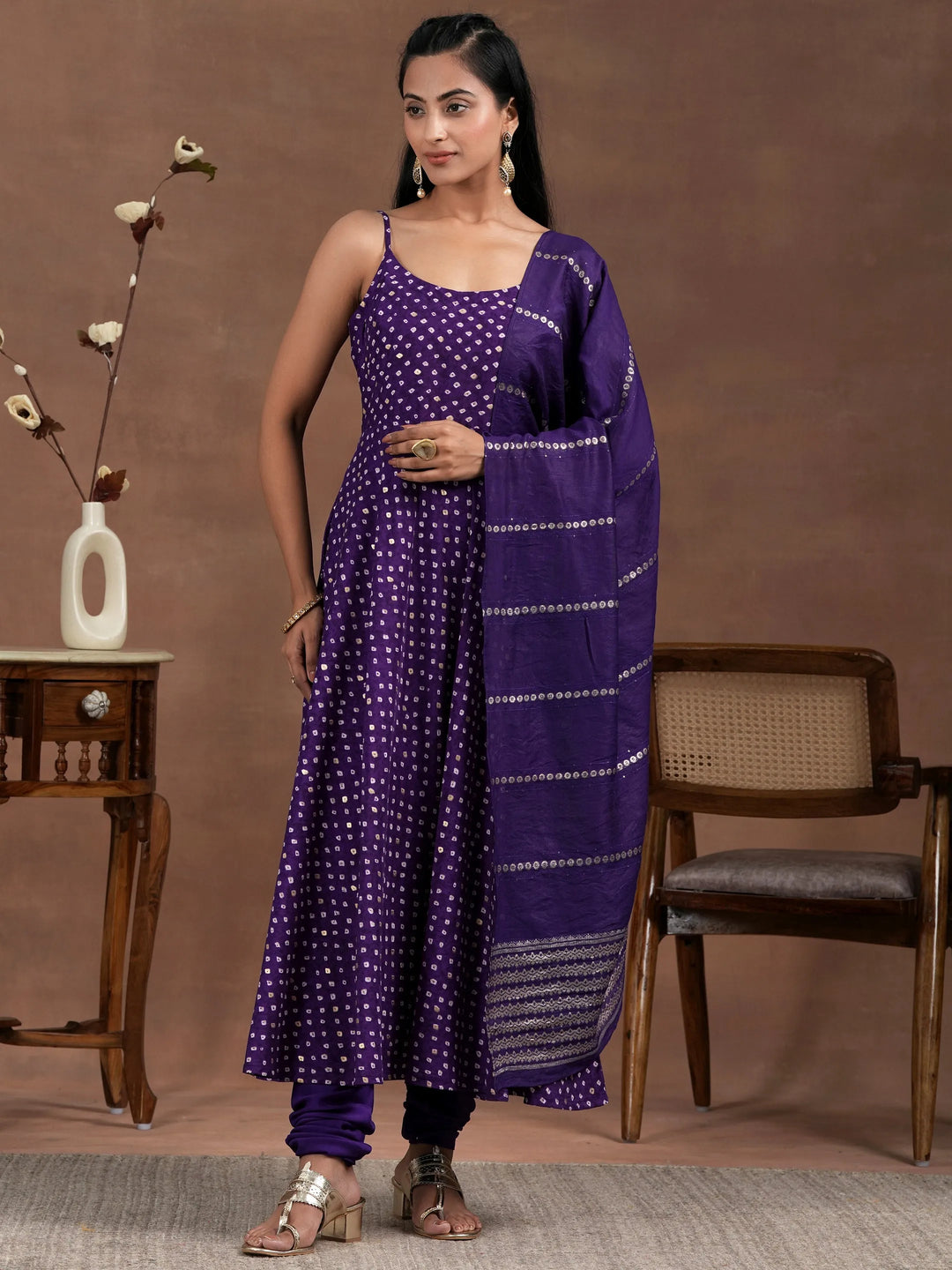  Purple Printed Silk Blend Anarkali Suit With Dupatta 