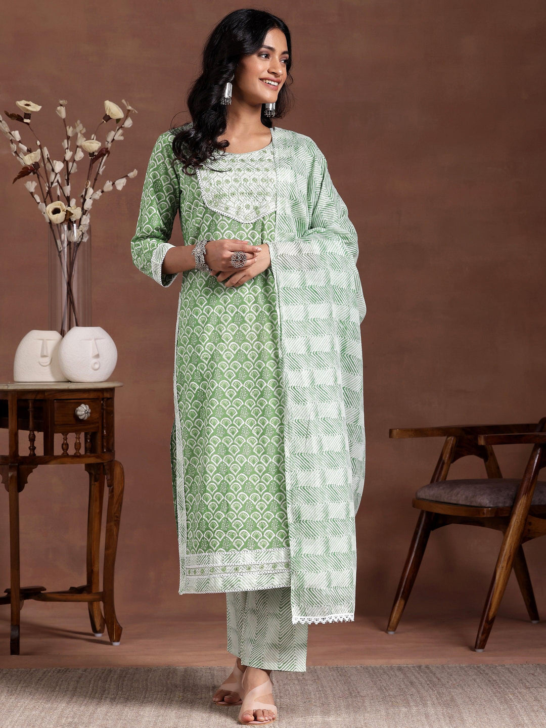 Green Printed Cotton Straight Suit With Dupatta - Libas