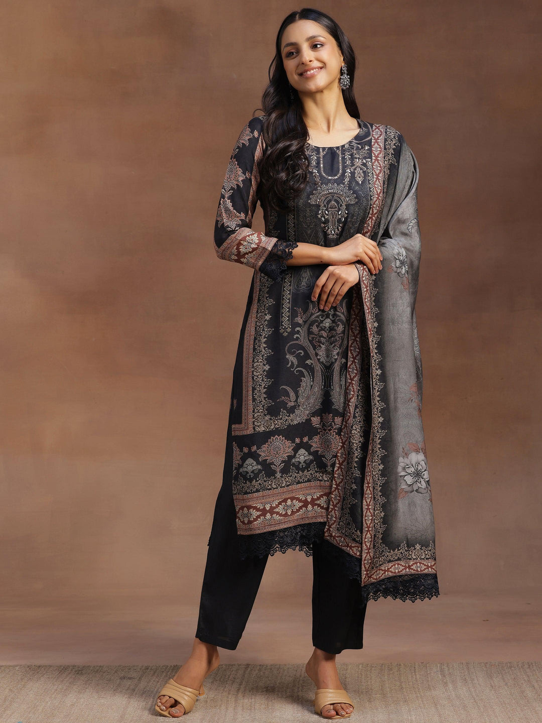 Grey Printed Silk Blend Straight Suit With Dupatta - Libas