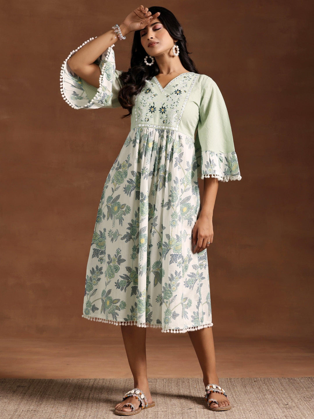 Green Printed Cotton A-Line Kurta - Libas 