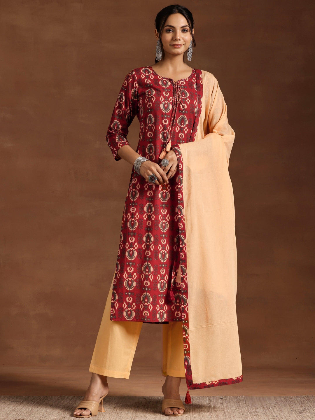 Maroon Printed Cotton Straight Suit With Dupatta - Libas 