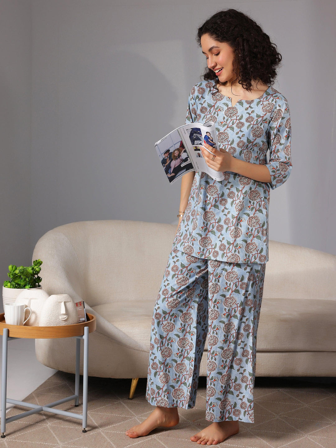 Blue Printed Cotton Night Suits - Libas