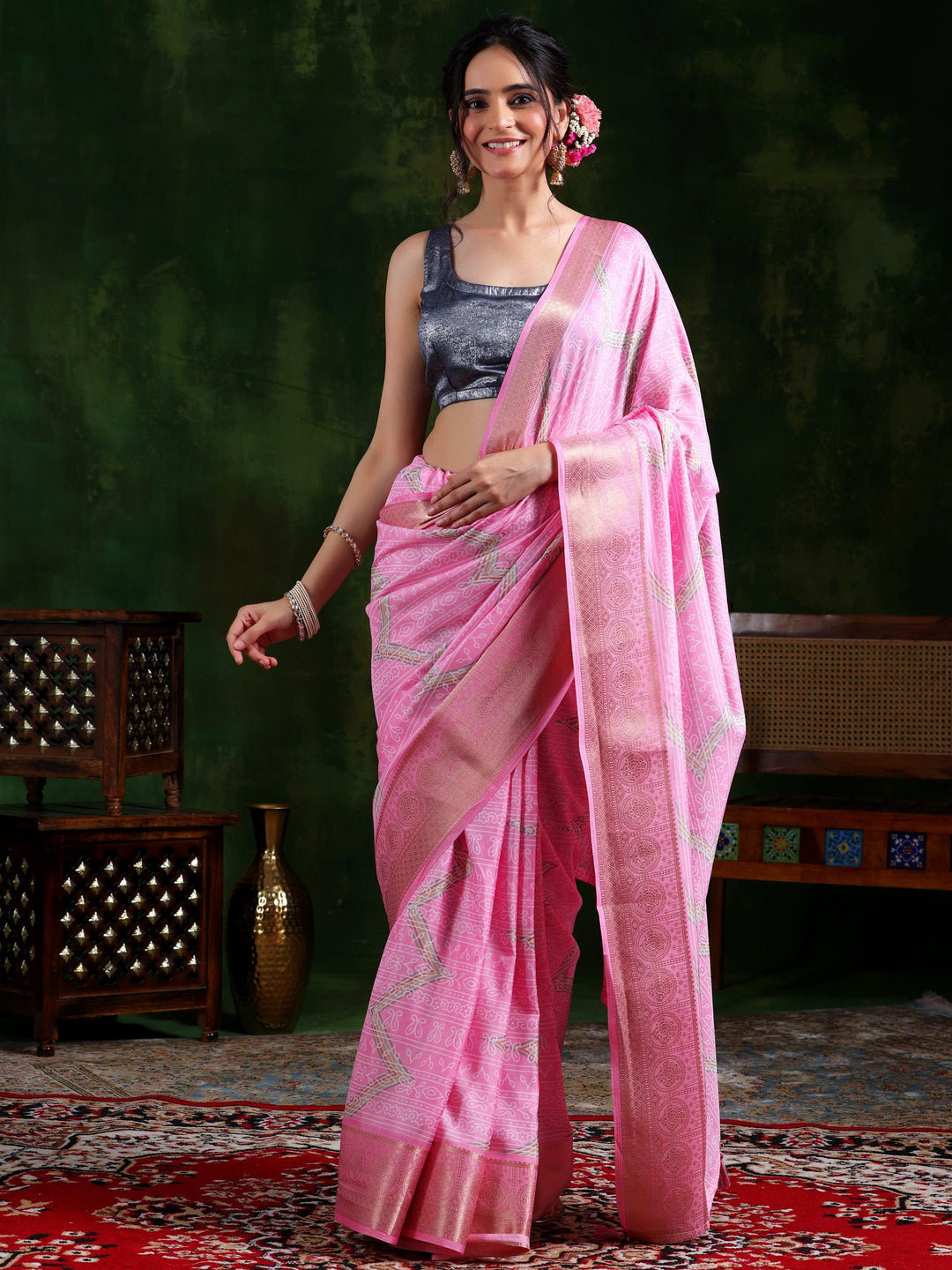 Pink Printed Silk Blend Saree With Unstitched Blouse Piece - Libas 