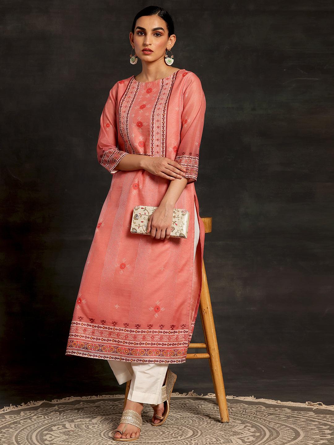 Pink Printed Chanderi Silk Straight Kurta - Libas 