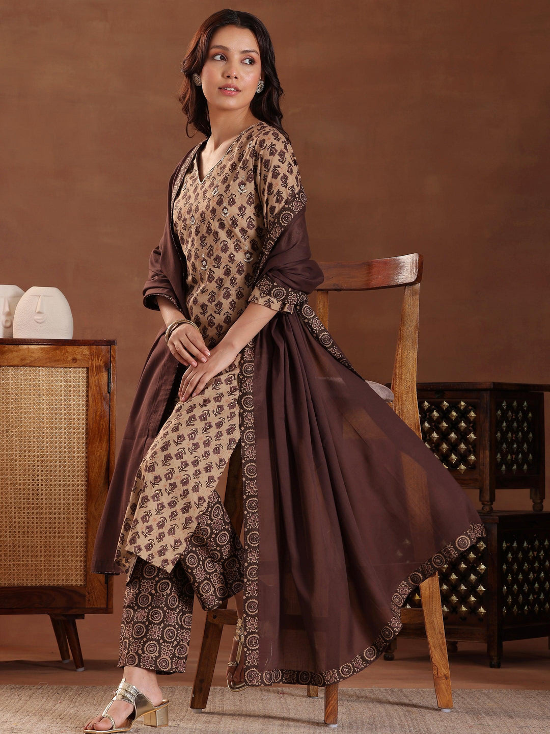 Brown Printed Cotton Straight Suit With Dupatta - Libas 