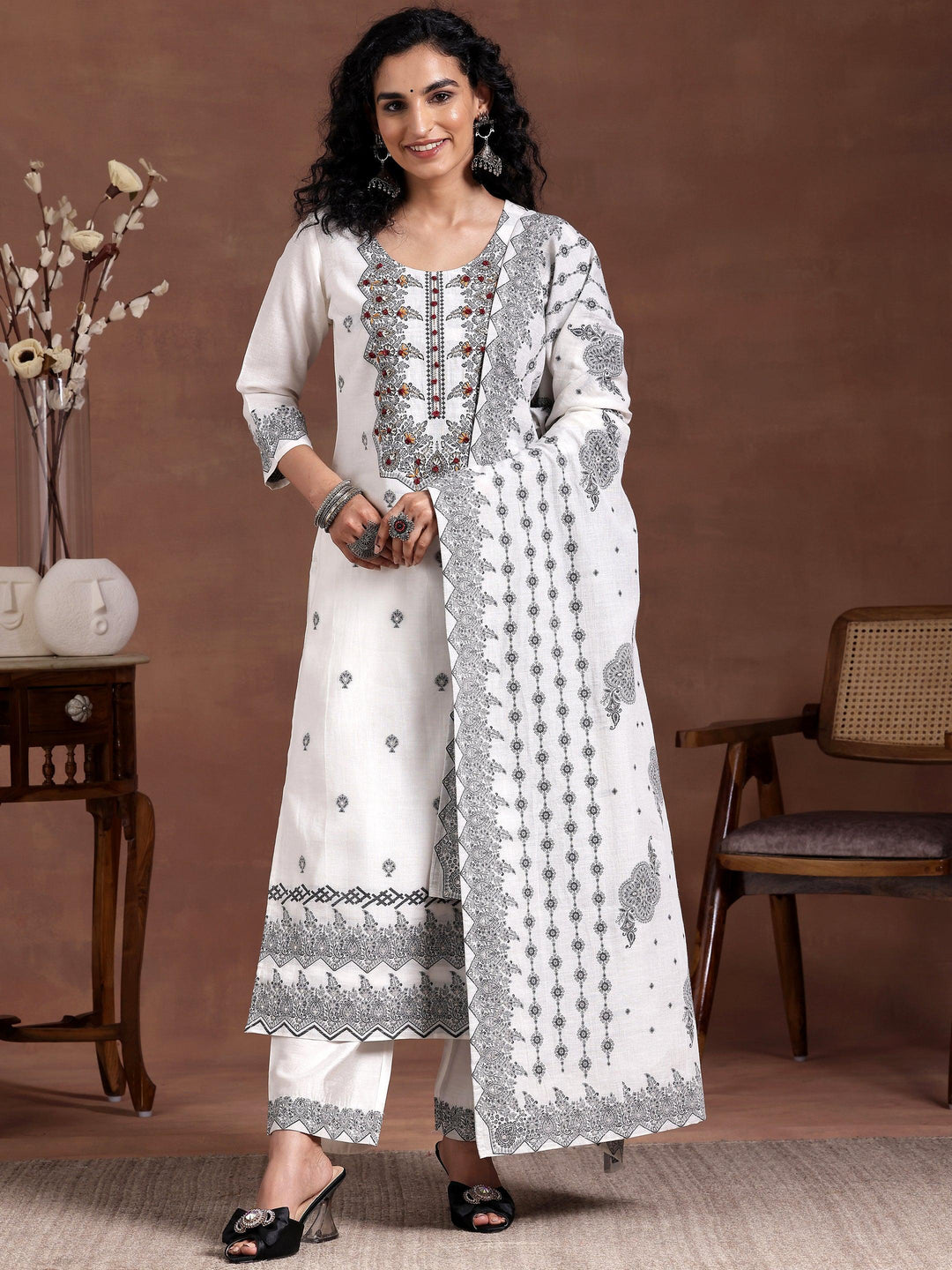 White Woven Design Linen Straight Suit With Dupatta - Libas 