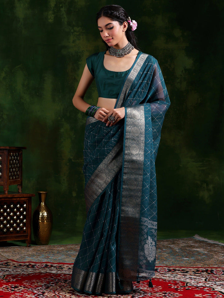 Blue Printed Silk Blend Saree With Unstitched Blouse Piece - Libas