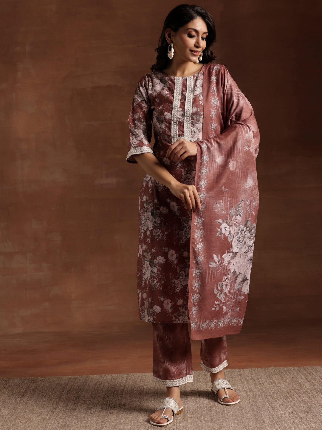 Brown Printed Cotton Straight Suit With Dupatta - Libas 