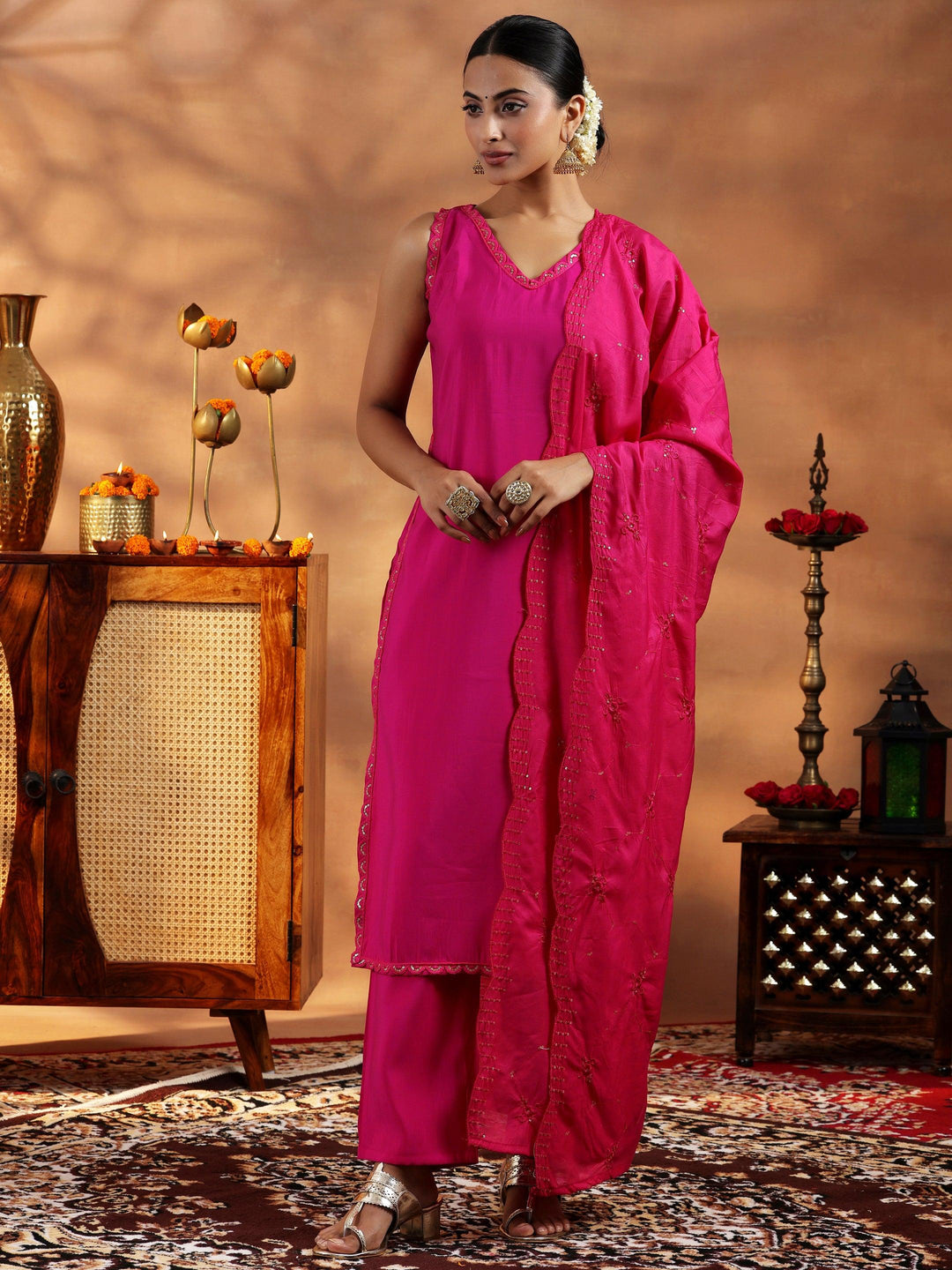 Pink Solid Silk Blend Straight Suit With Dupatta - Libas 