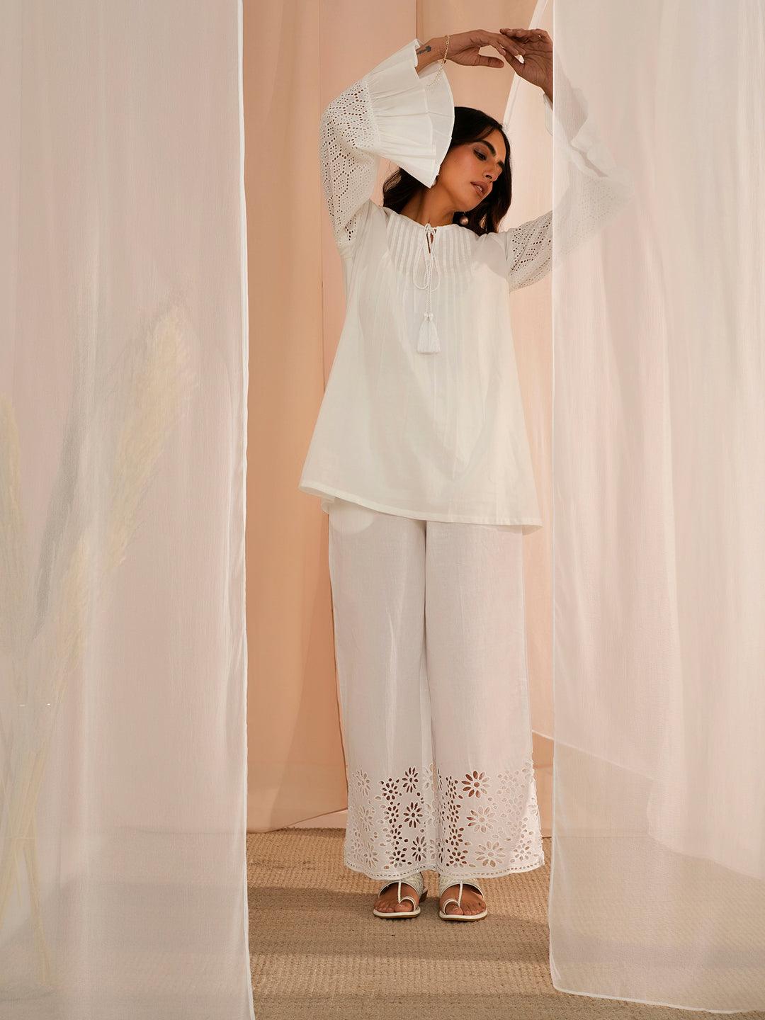 White Solid Cotton Straight Kurti - Libas 