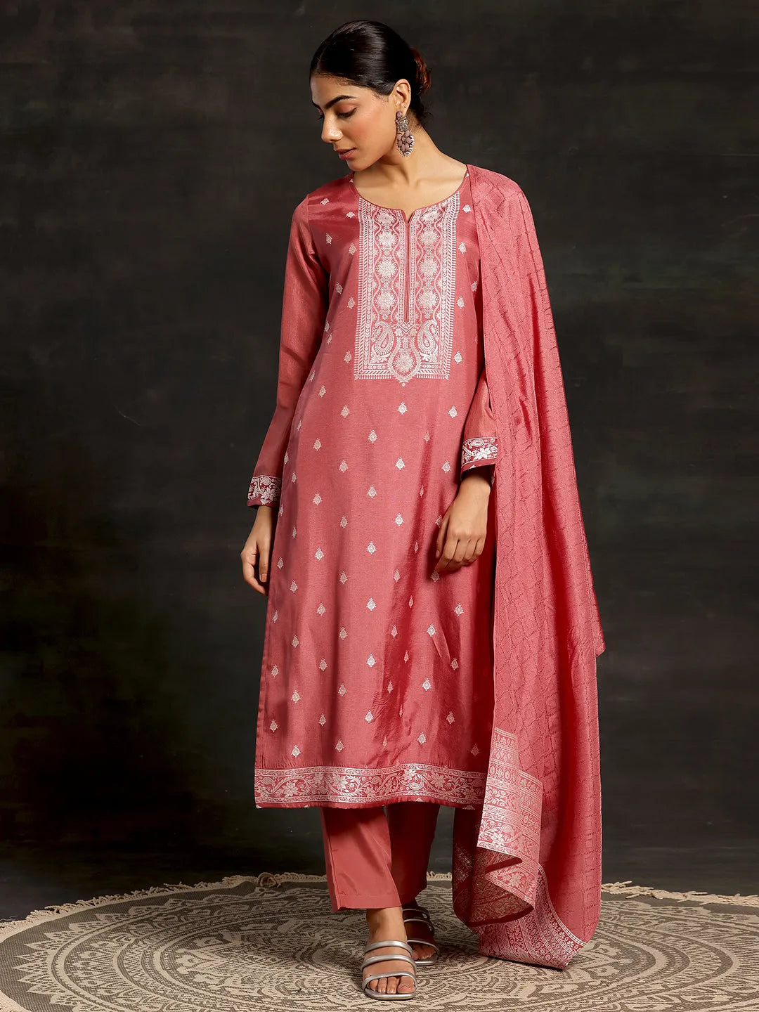  Pink Woven Design Silk Blend Straight Suit With Dupatta 