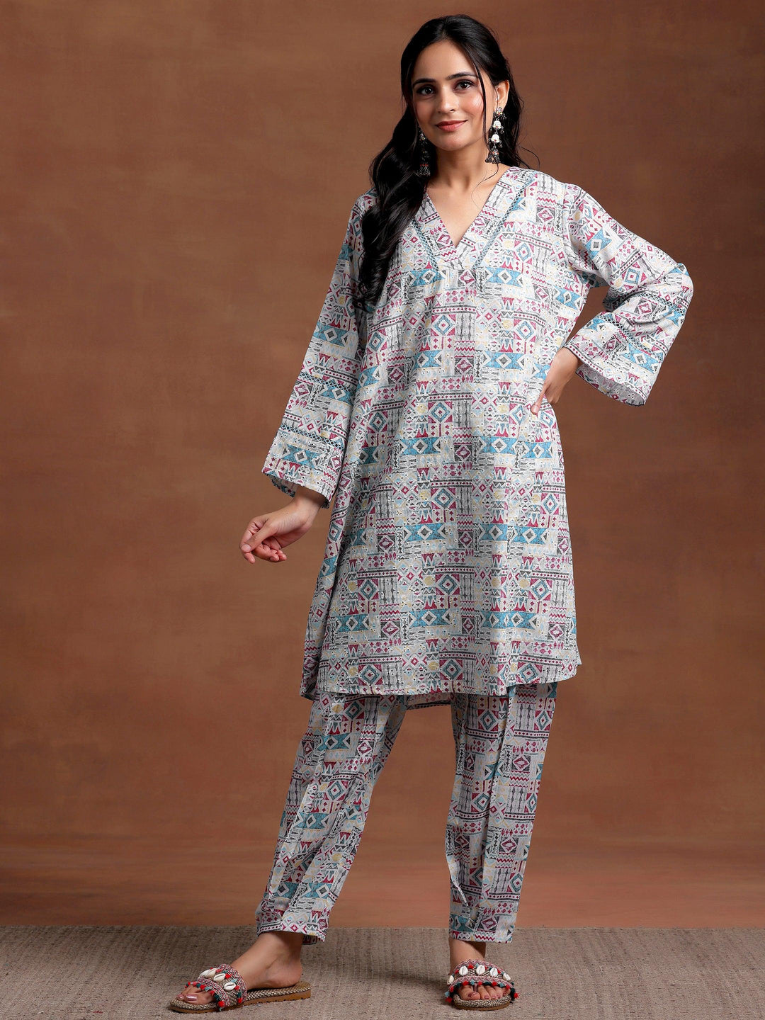 Blue Printed Cotton Straight Kurta Set - Libas 