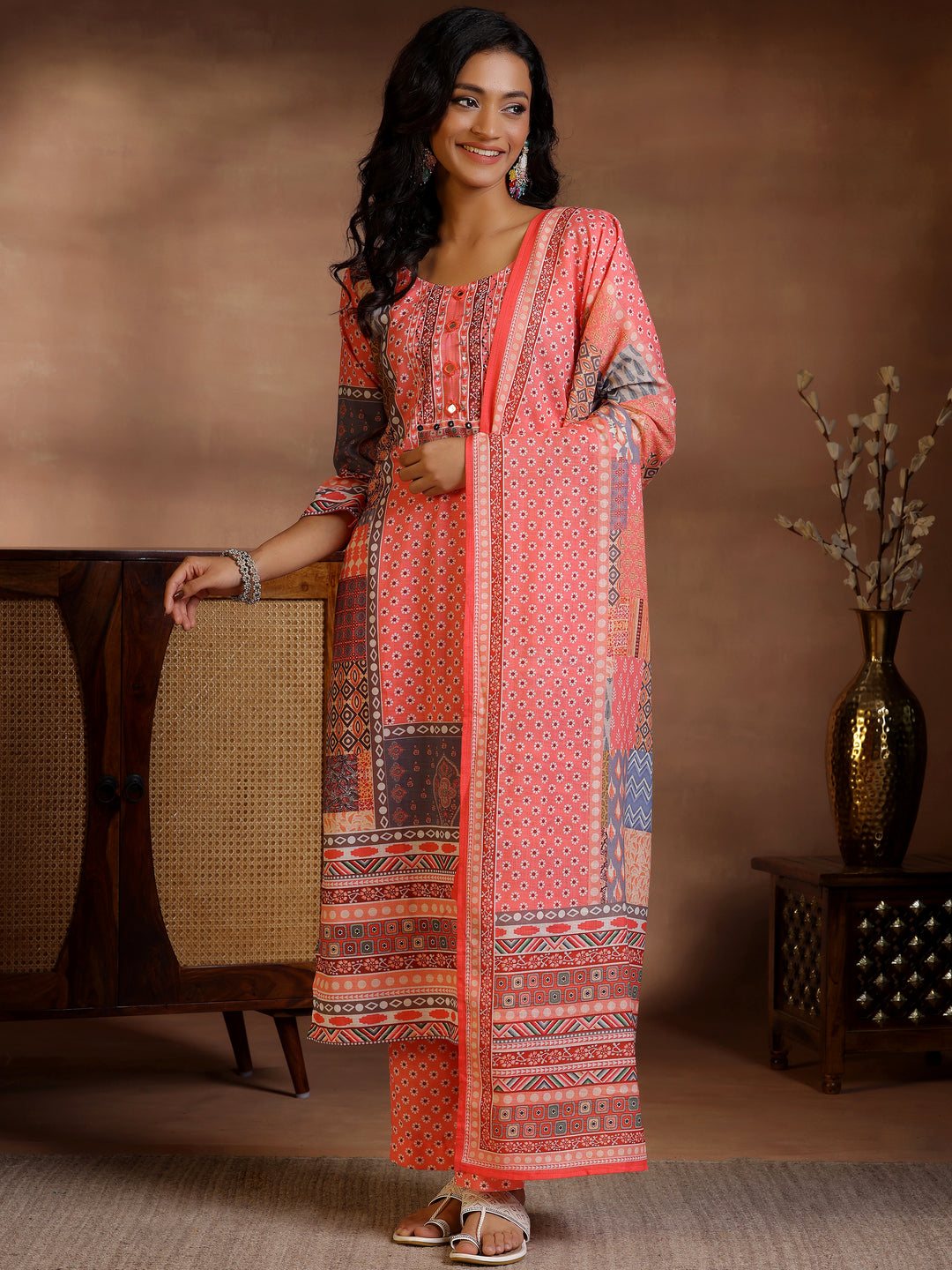  Multi Printed Linen Straight Suit With Dupatta 