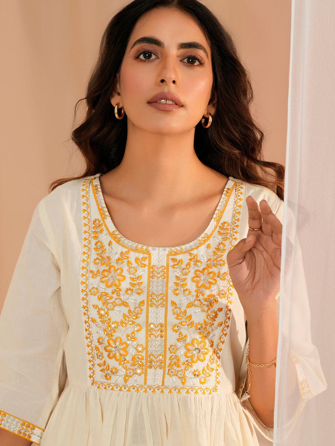 Off White Yoke Design Cotton A-Line Kurta - Libas 