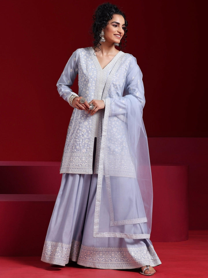 Libas Art Grey Embroidered Silk Blend Straight Suit With Dupatta - Libas